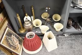 A metal brushed brass effect five armed pendant light fitting having cream heavy glass shades sold