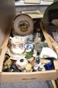 A Royal Worcester Golfing Collection fruit bowl, a green stone Dog of Faux and two Toby jugs etc.
