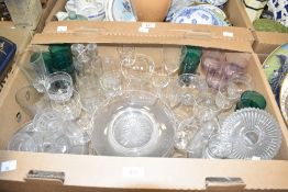 A carton of assorted wine and spirit glasses, vinegar/oil bottles and twenty two glass tea plates