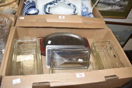 5 rectangular glass bake ware dishes having metal lids, L26cm, sold together with a pair of fish