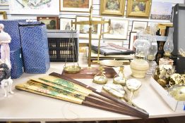 A pair of brass balance scales, an Oriental style dressing table vanity set an a large bamboo fan