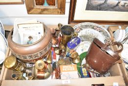 A brass shell art bucket sold along with a selection of brass and copper items, a selection of