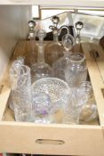 A carton of assorted glassware including a crystal rose bowl, vases, glass decanters and an Art Deco