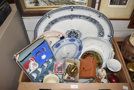 A large blue and white meat plate, a children's ceramic tea set in original box, a selection of