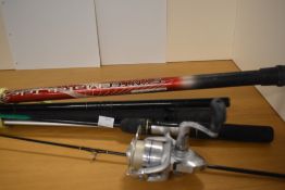 A selection of fishing gear including 3 rods, 2 reels and landing nets