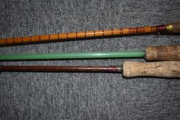 3 vintage rods all unmarked 2 x cane rods and 1 x fibregalss