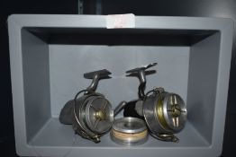 Two Hardy Altex reels No2 mark V and a spare spool (on just one reel the bail arm has become