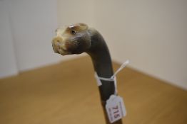 A hand carved walking stick depicting a otters head carved into an antler handle approx 102cm long