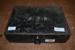 A very old tin lure box Initialled to the top and nicely compartmented inside with lift out tray and