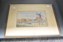Artist unknown, 20th century English school watercolour, Norfolk windmill scene, likely Cley