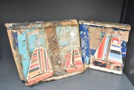 Two drift wood boat art sculptures, largest h32cm