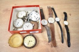 A collection of wristwatches and pocket watches, including Lanco, Timex and Services