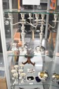 A pair of silver plated twisted branch candelabras, h36cm, sold together with 6 cups, grape scissors