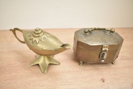 A brass spice box having 4 lidded compartments, L14cm, sold together with a brass genie lamp, (2)