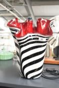 A black and white stripped art glass vase sculpture converted into a lamp, h33cm