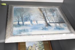 Artist unknown, 20th century oil on board, figures within a winter woodland landscape, unsigned