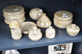 A polished limestone dish with cover, w15cm, sold together with various similar trinkets, and a