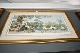 E Sturgeon (British, 20th Century) colour print 'Washerwoman and Geese', signed lower right,
