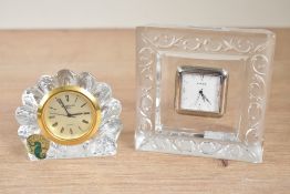 A Waterford crystal mantel clock, w7.5cm, sold together with a similar clock, (2)