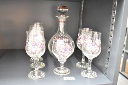 A Rattenberg Handbemalt glass pitcher set, hand painted with floral patterns, (8)