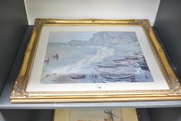 Claude Monet (French, 1840-1926) colour print depicting boats, cliffs and beach, within off white