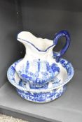 A blue and white Victan ware jug and bowl set