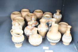A group of Doulton 'silicon' pattern Lambeth ware, to include small pots, vases and jugs, (approx