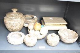 A pair of polished limestone apple trinkets with covers, w8cm, sold together with various other