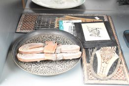 A pencil drawing of an old Asian man, framed, 12cm x 18cm overall, sold together with a metal bowl