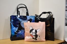 Three y2k shopping totes, including a 2000s Ted Baker example, another Ted Baker, black with gold
