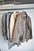 Four vintage leather coats in various styles, comprising three womens styles; a shearling coat in