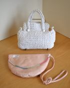 Two vintage handbags with matching open weave gloves, and embroidered handkerchief,