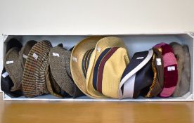 Assorted vintage hats, mostly tweed and hounds-tooth stalker hats, to also include straw boating,