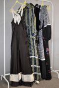 Five 1960 to 1970s retro dresses, assorted styles and fabrics including an After Six brown polka dot