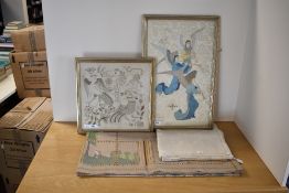 Four vintage hand embroideries inspired by scandinavian folk style, comprising a large,