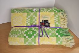 A vintage Welsh Blanket reversible double-weave Tapestry Bedspread, in vibrant lemon yellow, grass