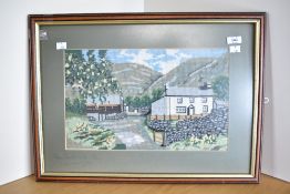 A framed cross stitch artwork with local interest, depicting Yew Tree Farm, Coniston, The Lake