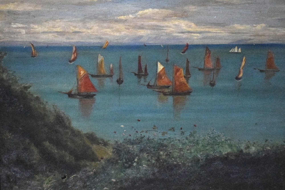 Artist unknown, an early 20th century oil on canvas 'Off Tenby' coastal scene with sailing boats, - Image 2 of 3