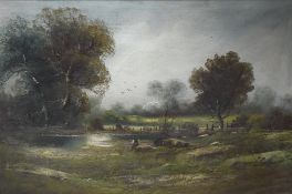 Artist unknown* a 19th/20th century oil on canvas, fishing pond with figure, unsigned, within a