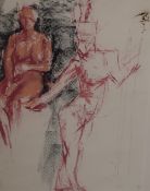 Artist unknown, pastels on paper, striking sketch of nude figures, unsigned, within white card mount