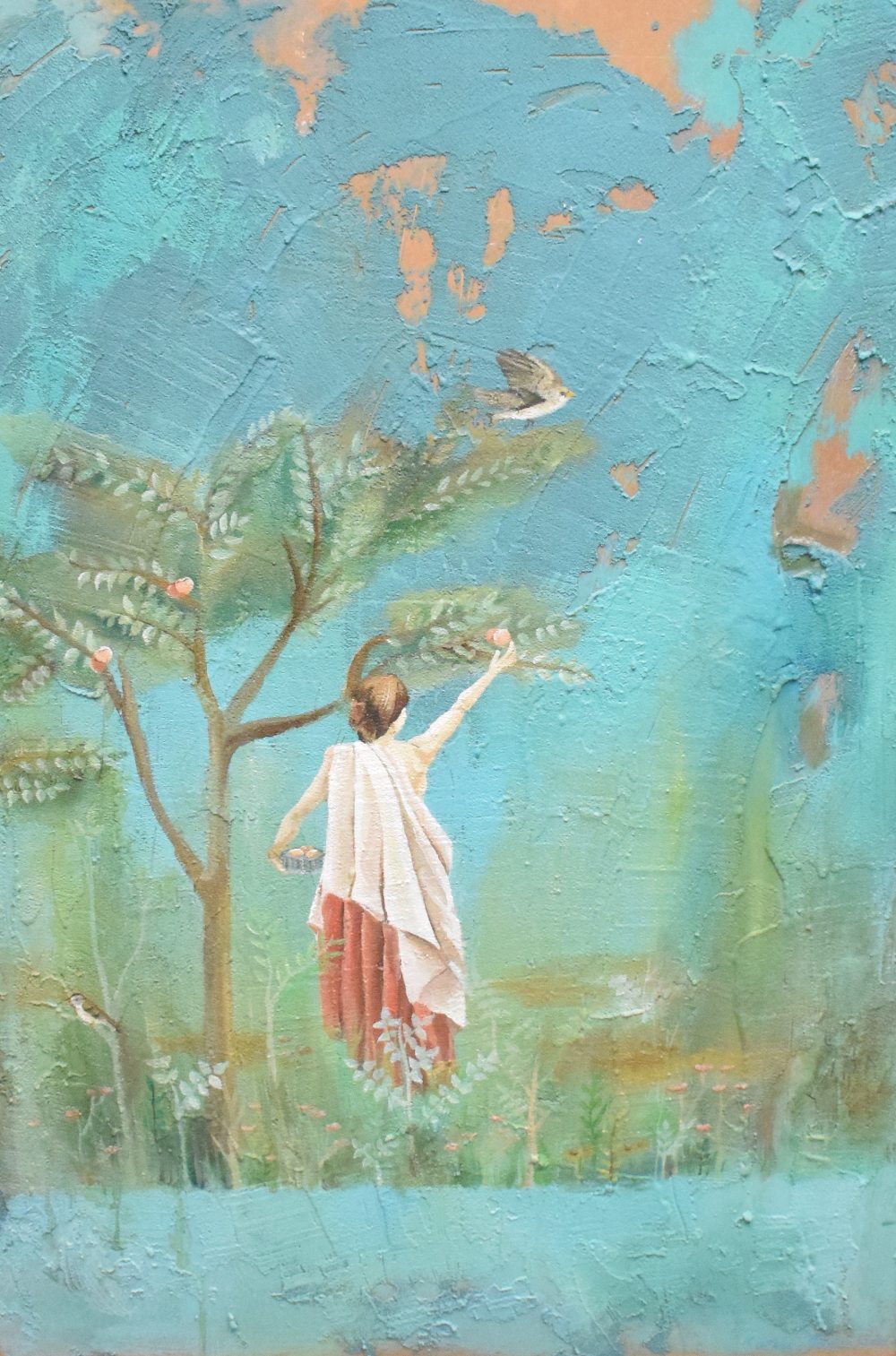 Raphelin-Jones (contemporay) painting on rough plaster on board, female figure picking fruit with