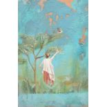 Raphelin-Jones (contemporay) painting on rough plaster on board, female figure picking fruit with