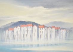 Alan E Pettinger (British 20th/21st century) oil on board 'Lakeside Village' signed lower left,