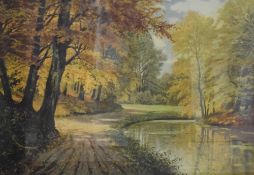 A 20th century colour print, autumnal park scene, indistinctly marked lower left, within a moulded