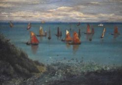 Artist unknown, an early 20th century oil on canvas 'Off Tenby' coastal scene with sailing boats,