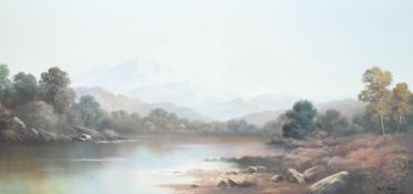 Artist unknown, 20th Century English School oil on canvas, landscape with trees, lake and mountains,