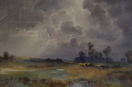 H Montgomerie (British 20th century) watercolour, 'Surrey Heath' crepuscular rays over a rural