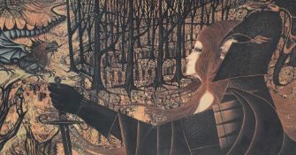 After Eugene Baker (American 1928-1982) colour print, 'Another Time' fantasy scene with knight, mai