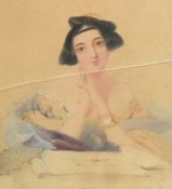 A 19th century portrait watercolour of a young woman seated at a desk with hands clasped,
