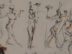Artist unknown, pastels on Fabriano paper, surrealist sketch of figures in motion, within a broad